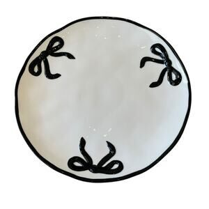 Hand Painted Coquette Black Bow Dinner Plates 10.25in White Ceramic Set of 4 NEW